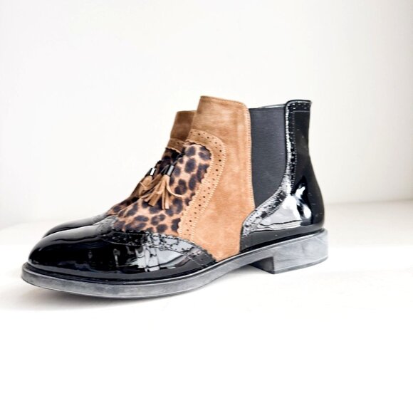 BeautyFeel Black Patent Leather Suede Animal Print Booties 42 - Picture 4 of 7